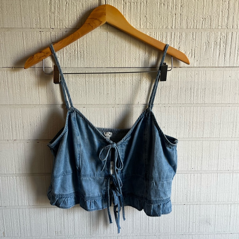Denim Blue Tie Front Smocked Crop Top